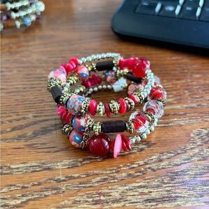 Red Multi-Bead Coil Bracelet Stack